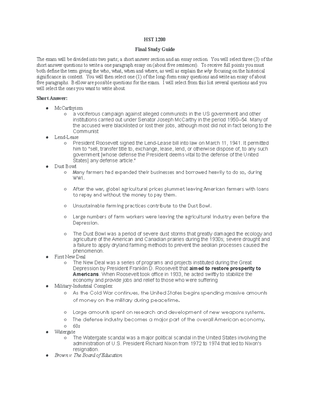 HST 1200 Final Exam Study Notes: Key Topics and Concepts - Studocu