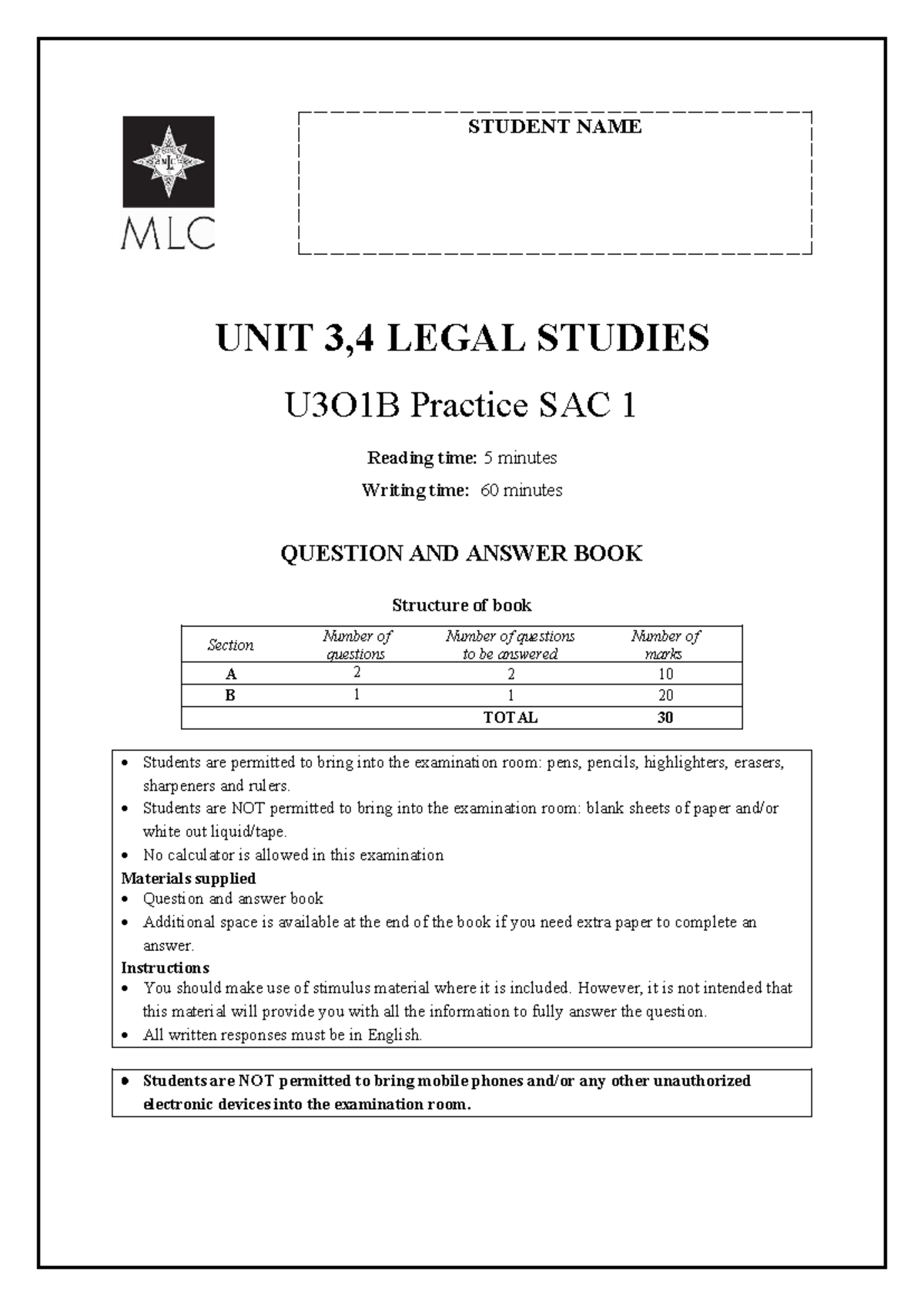 3.1B - Legal Studies Unit 3,4 Practice SAC 1 Exam Guide - Studocu