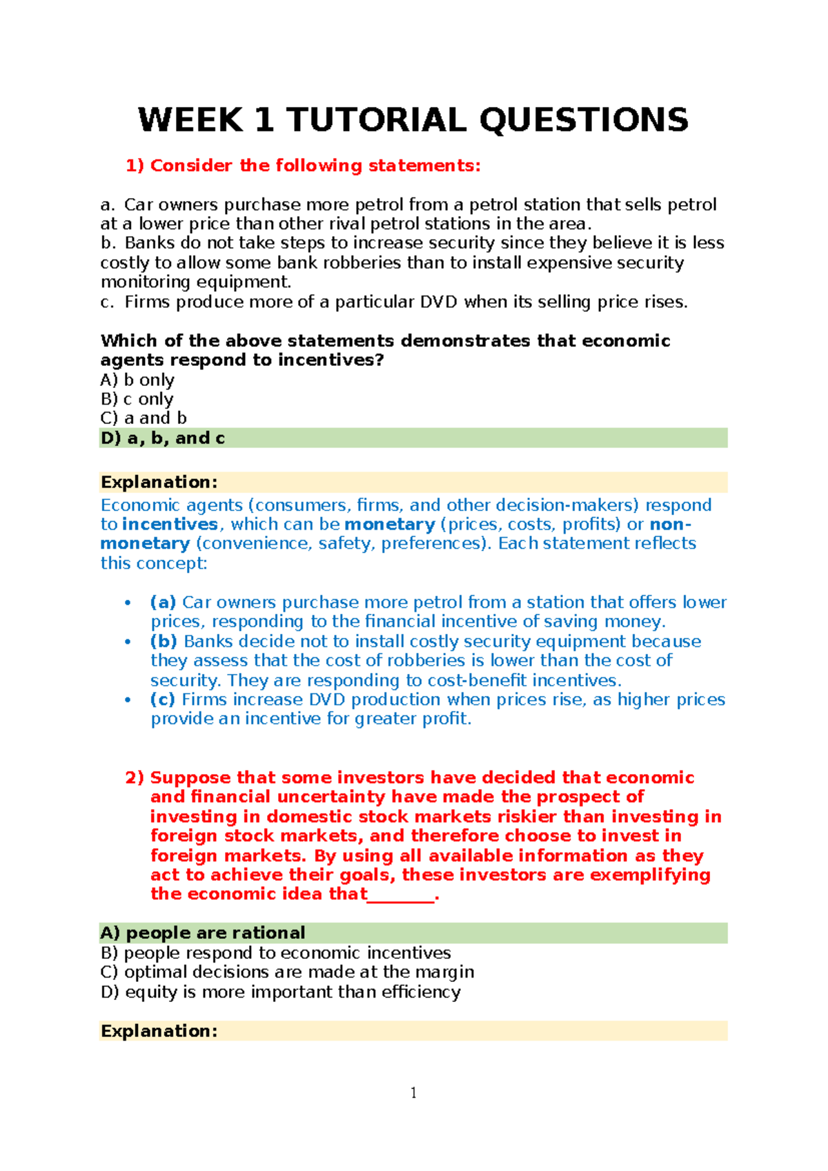 ECO101: Week 1 Tutorial Questions on Economic Incentives and Decisions ...