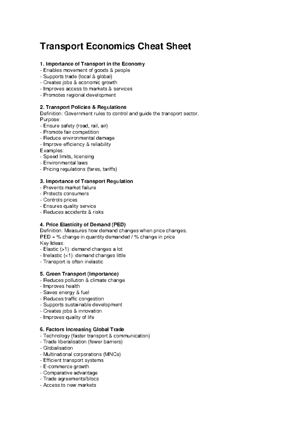 Transport Economics Cheat Sheet: Key Concepts & Policies - Studocu