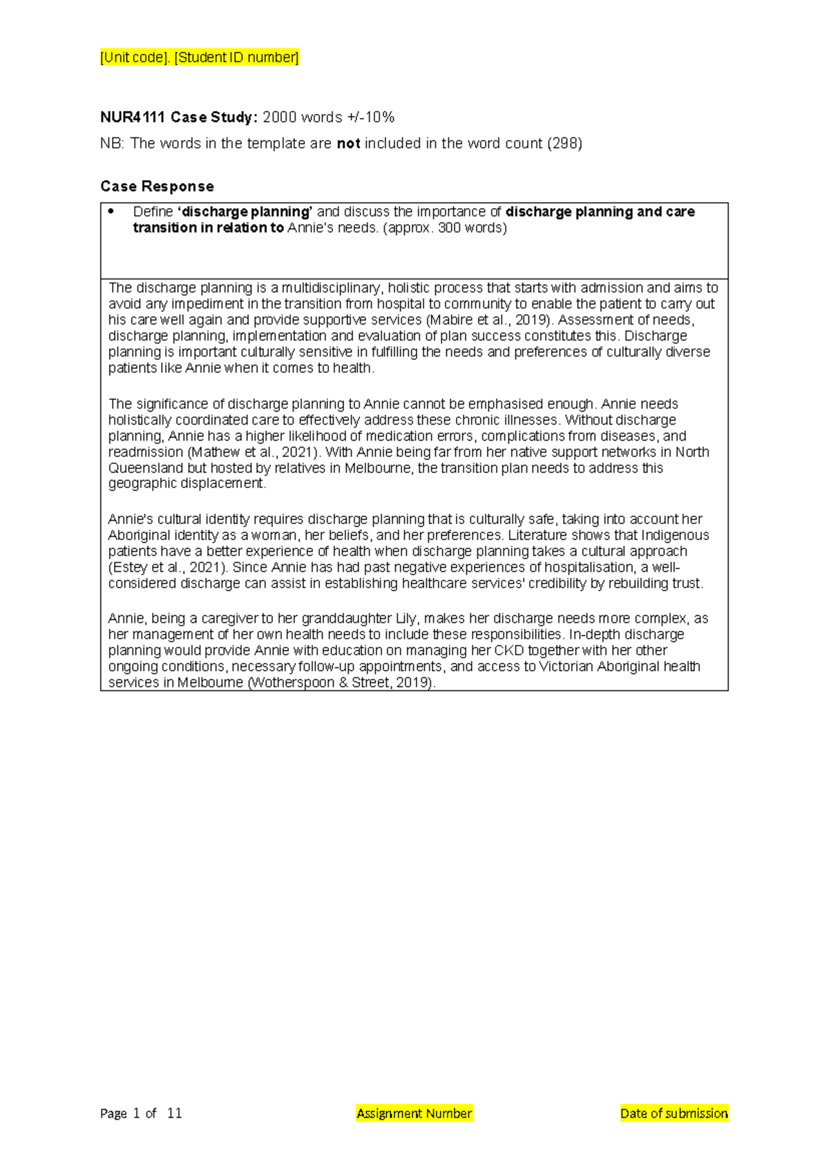 NUR4111 Case Study: Discharge Planning & Care Transition for Annie ...