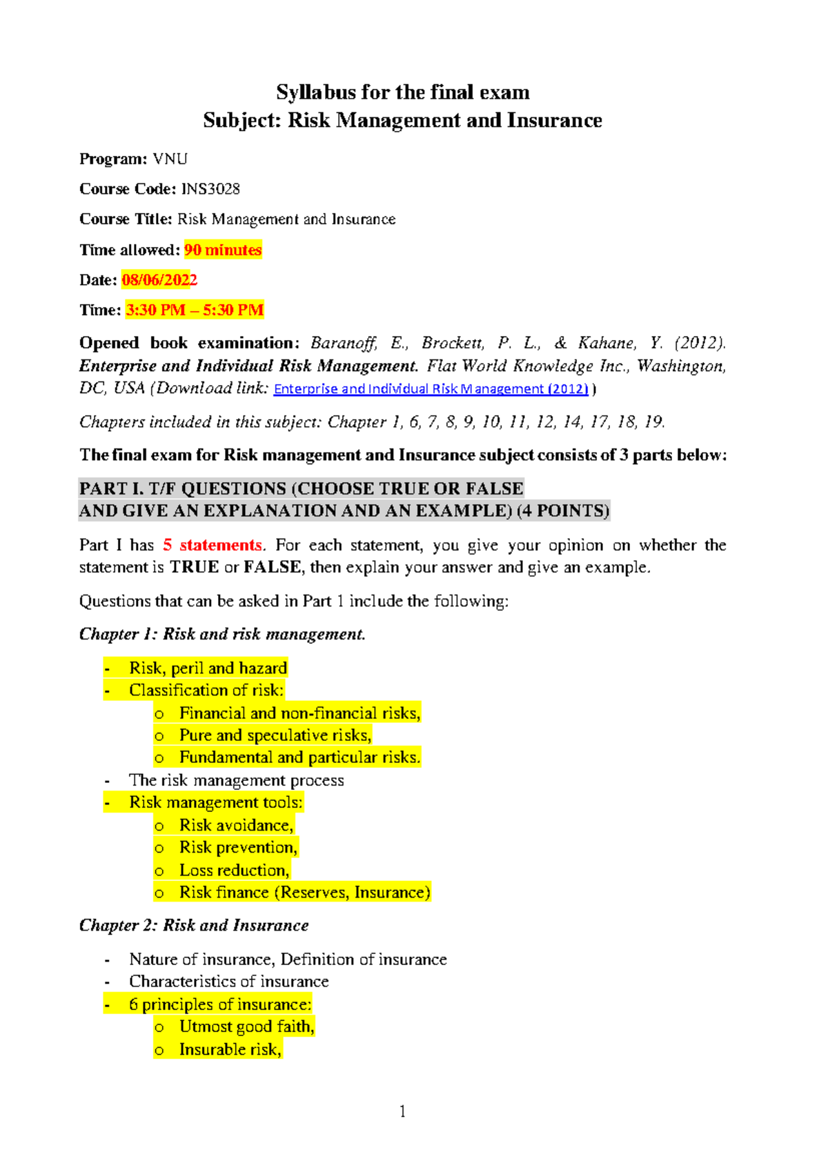 Final Exam Syllabus for INS: Risk Management and Insurance - Studocu
