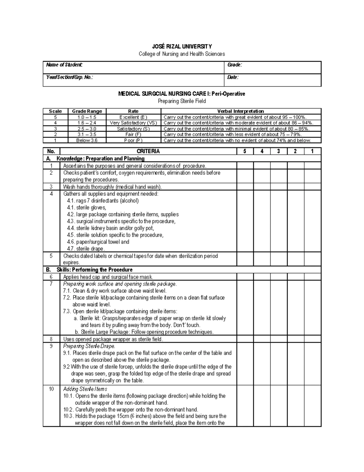 MEDICAL SURGICAL NURSING CARE I: Surgical Hand Scrubbing Checklist ...