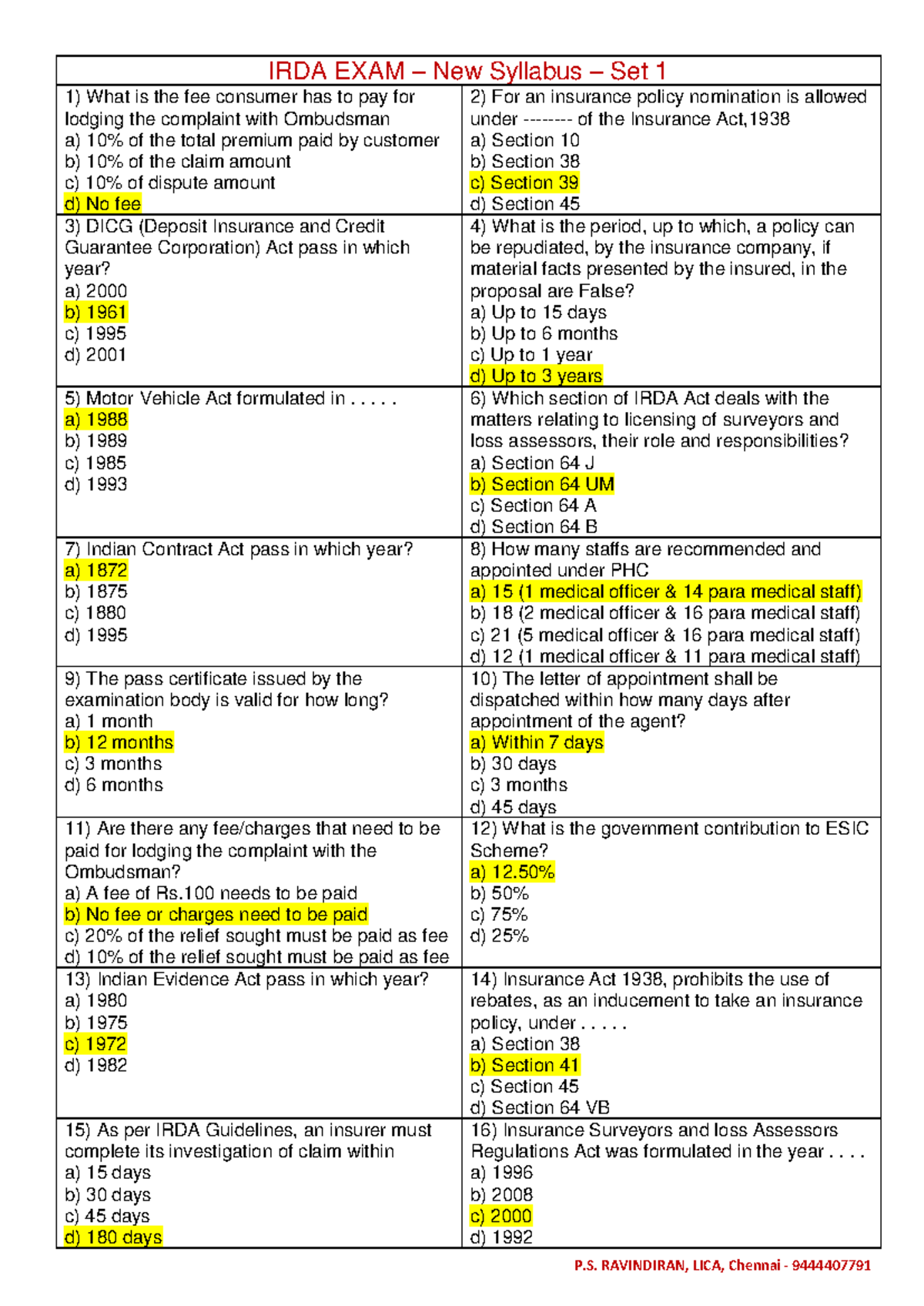 IRDA EXAM New Syllabus Set 1 & 2 (150 Questions) - June 2024 - Studocu