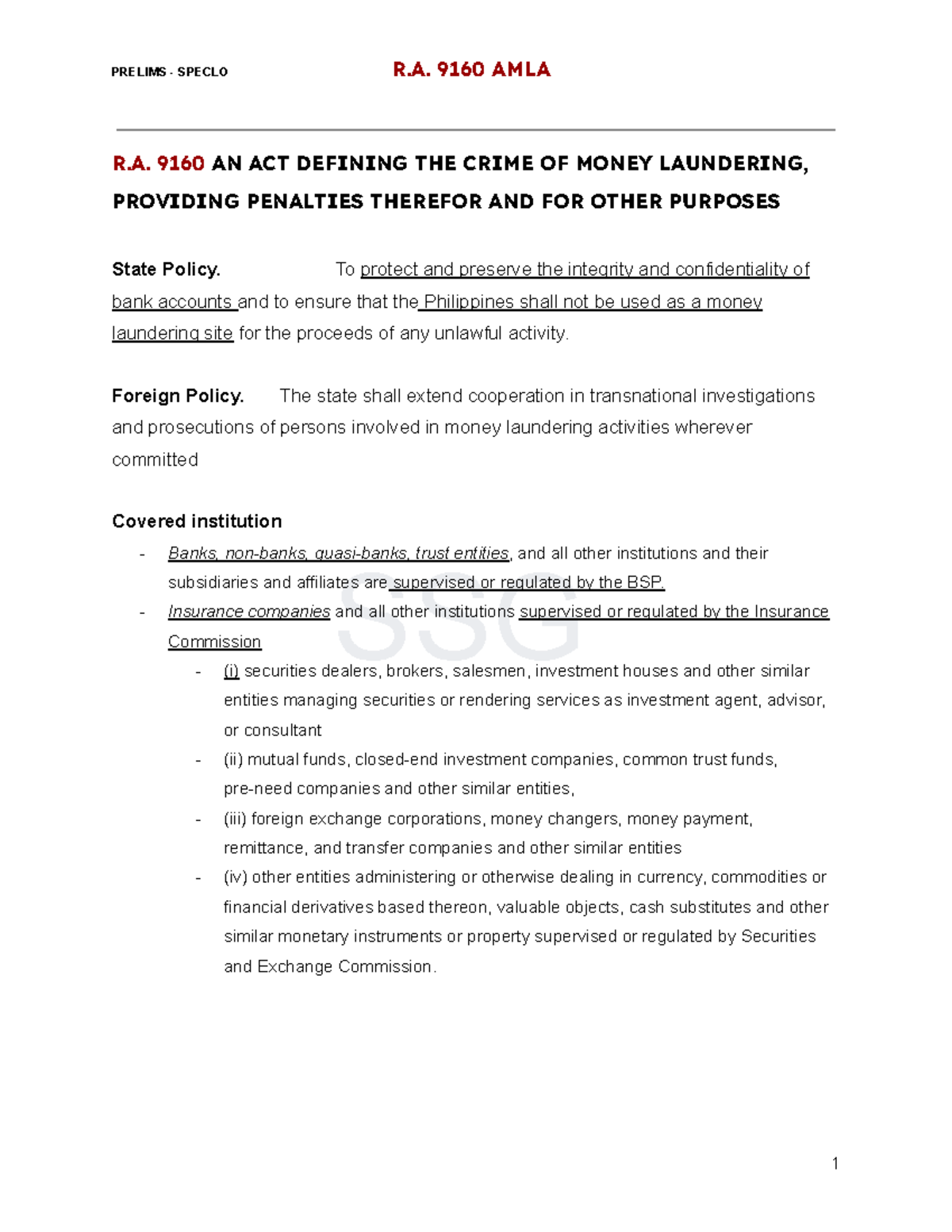 AMLA - Law - SSG R. 9160 AN ACT DEFINING THE CRIME OF MONEY LAUNDERING ...
