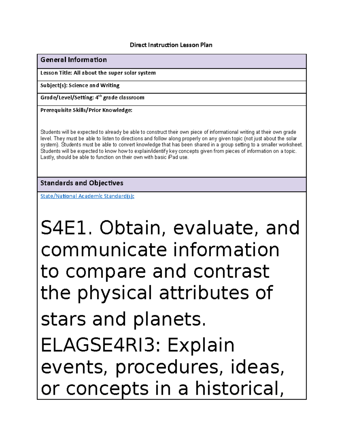 C733 TASK 2 Lesson Plan: Exploring the Solar System for 4th Grade - Studocu