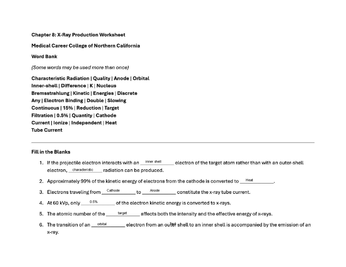 X ray production wksheet - DA1140 - Studocu