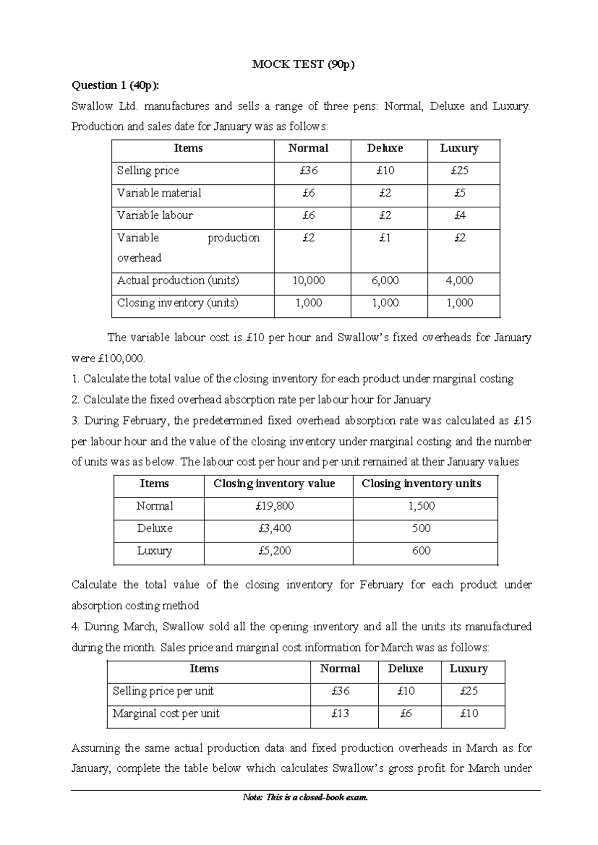 Mock Exam 03 - Mock Test on Costing Methods and Budgeting - Studocu