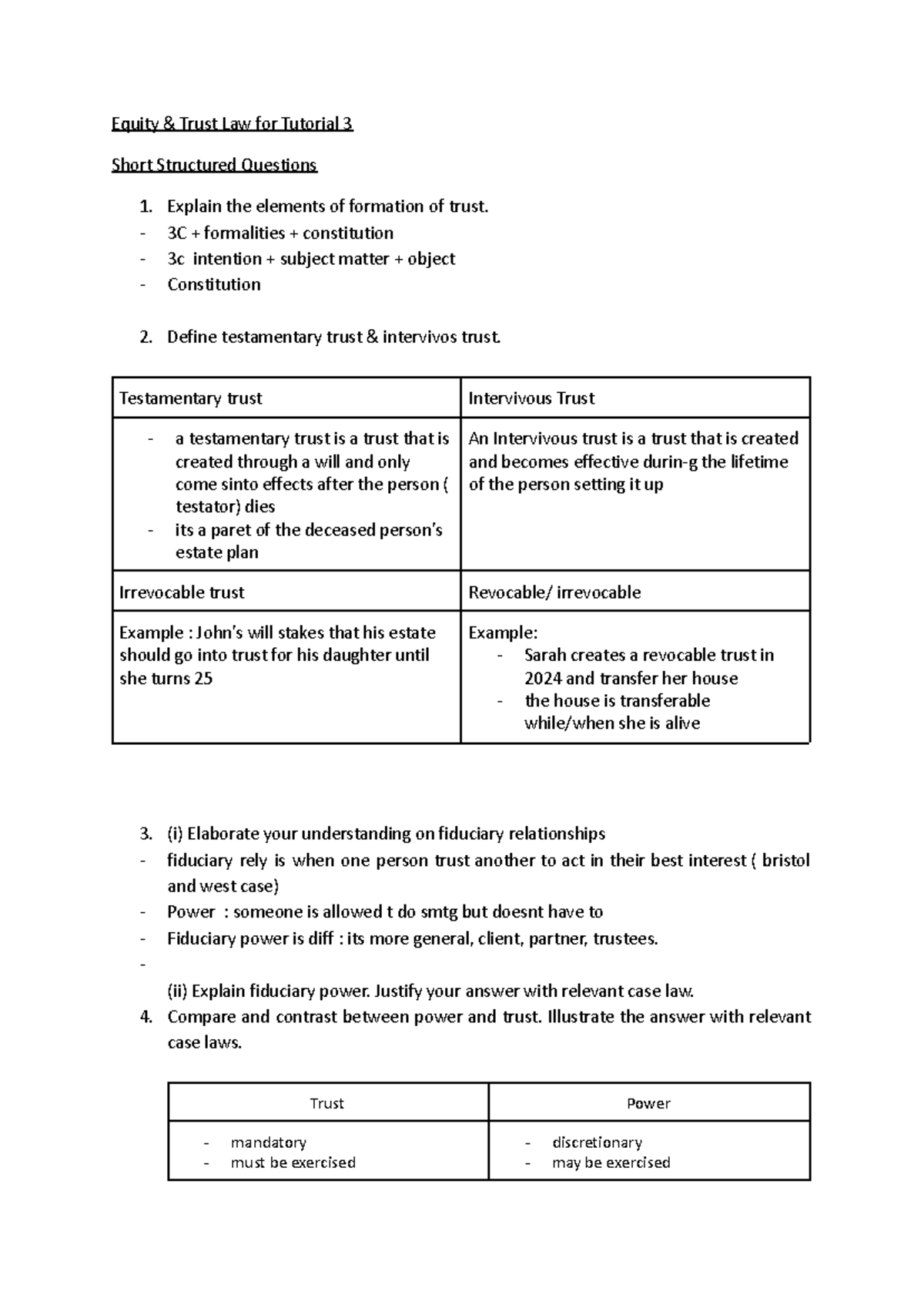 Equity and Trust Law: Tutorial 3 Short Structured Questions - Studocu