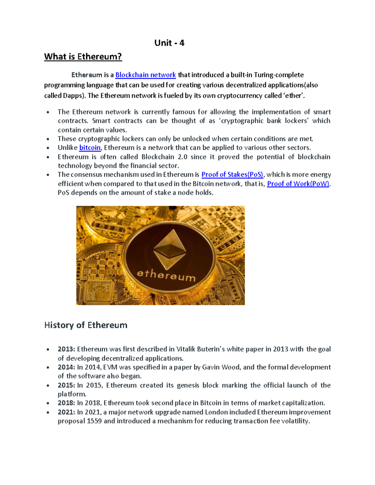 Unit 4: Understanding Ethereum and Its Blockchain Innovations - Studocu