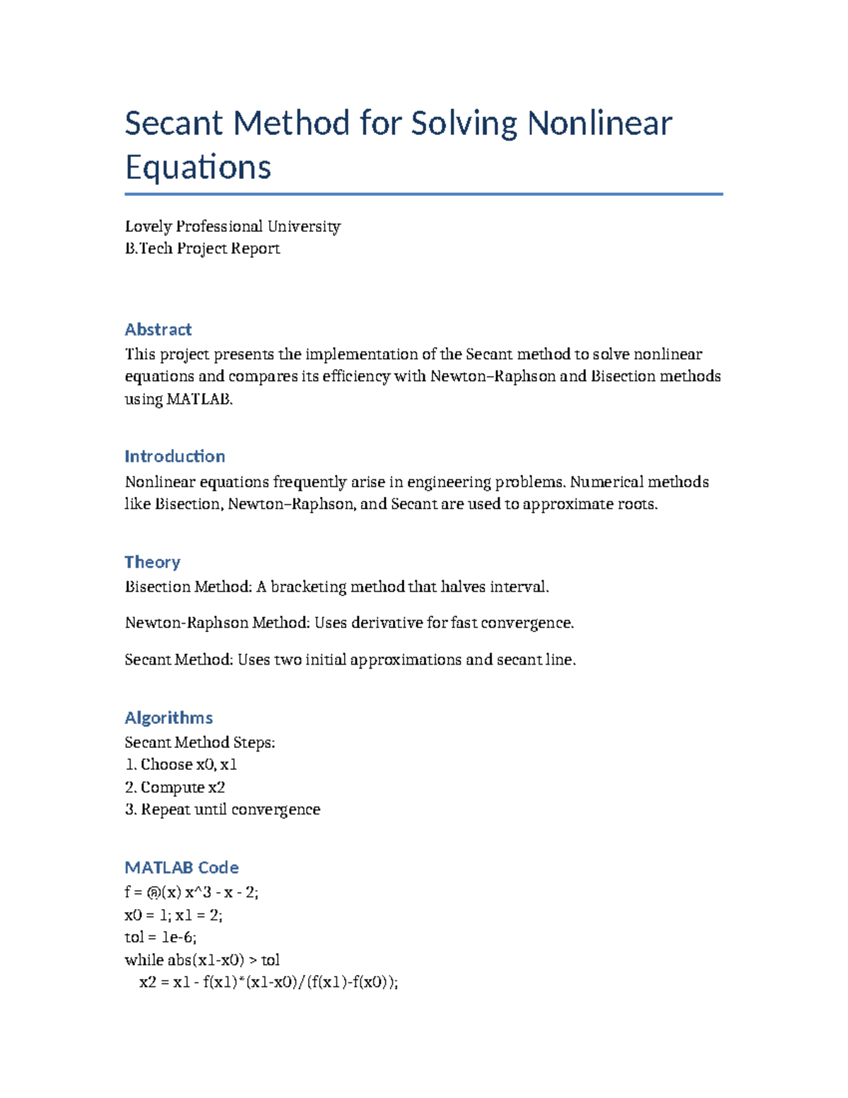 Secant Method for Nonlinear Equations: B.Tech Project Report - Studocu
