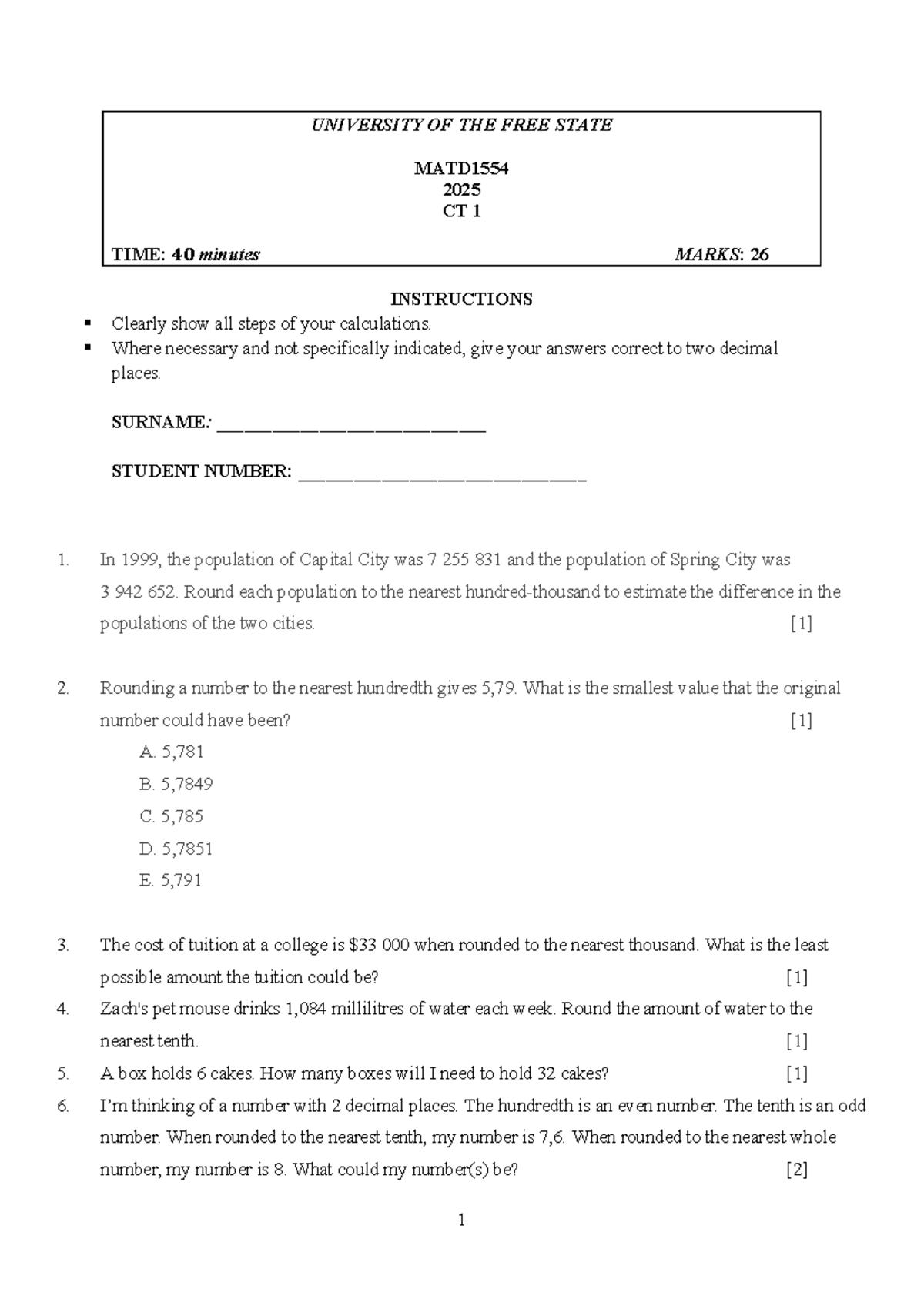 Class Test 1 MATD1554 2025 - Mathematical Operations & Rounding - Studocu