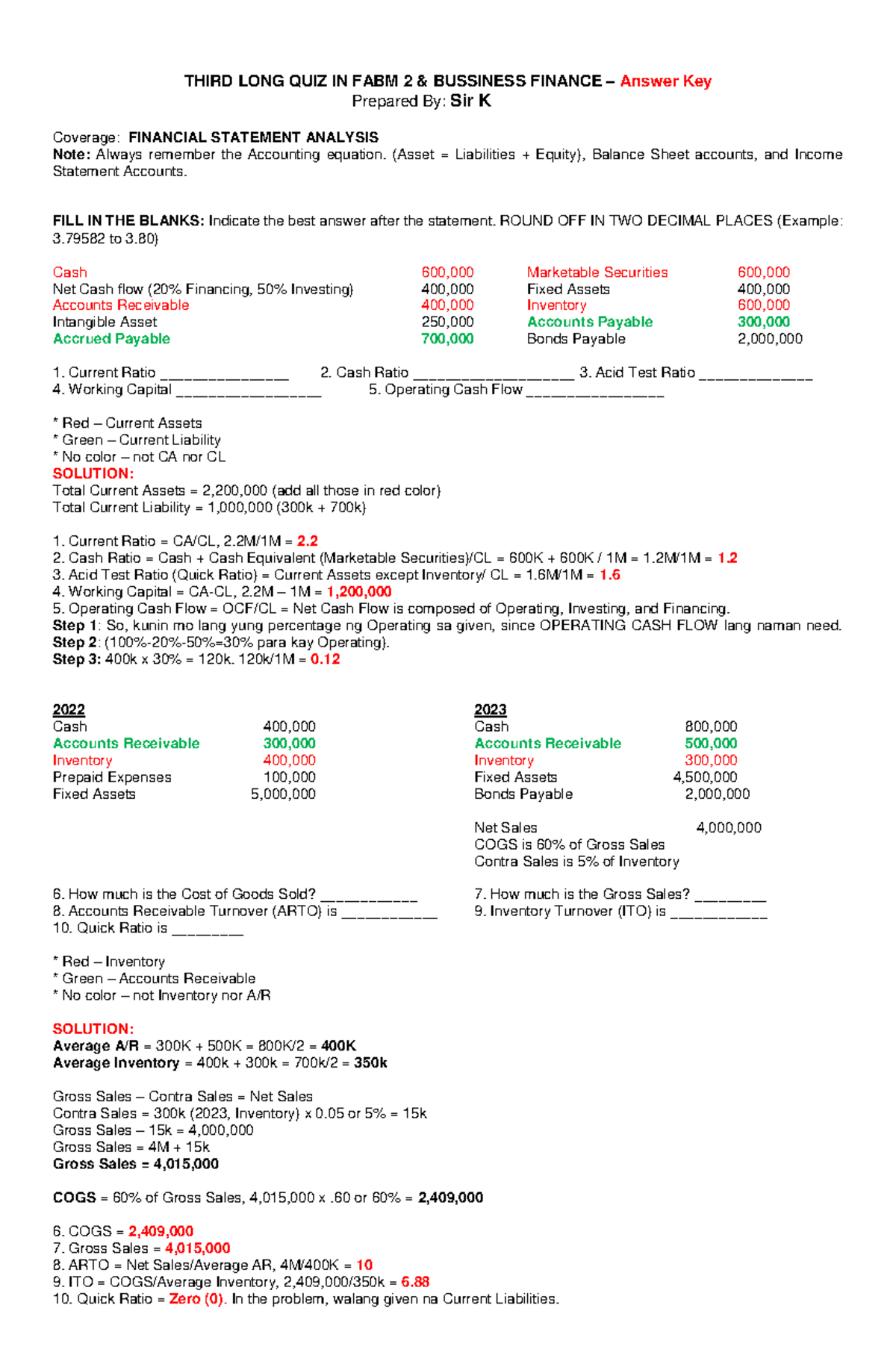 FABM 2 Business Finance 3rd Long Quiz Answer Key & Solutions - Studocu