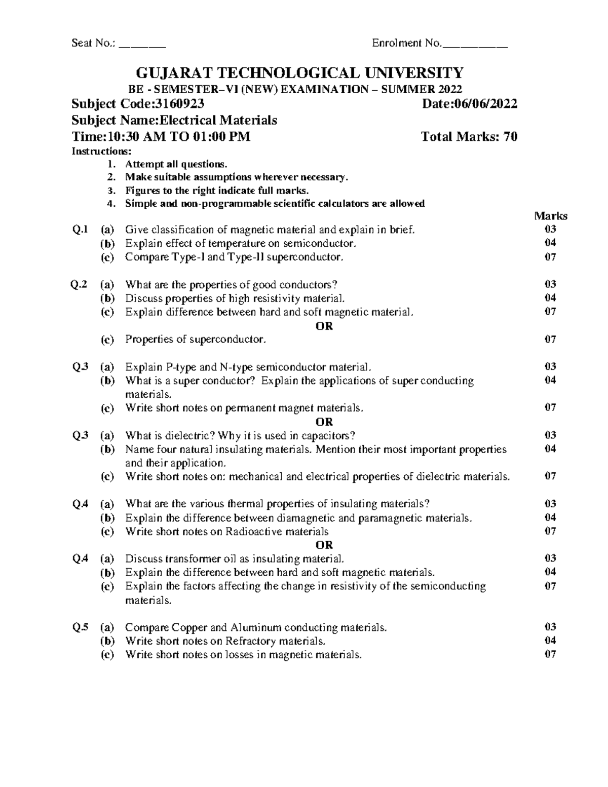 Electrical Materials BE Exam Paper (Code: 3160923) - Summer 2022 - Studocu