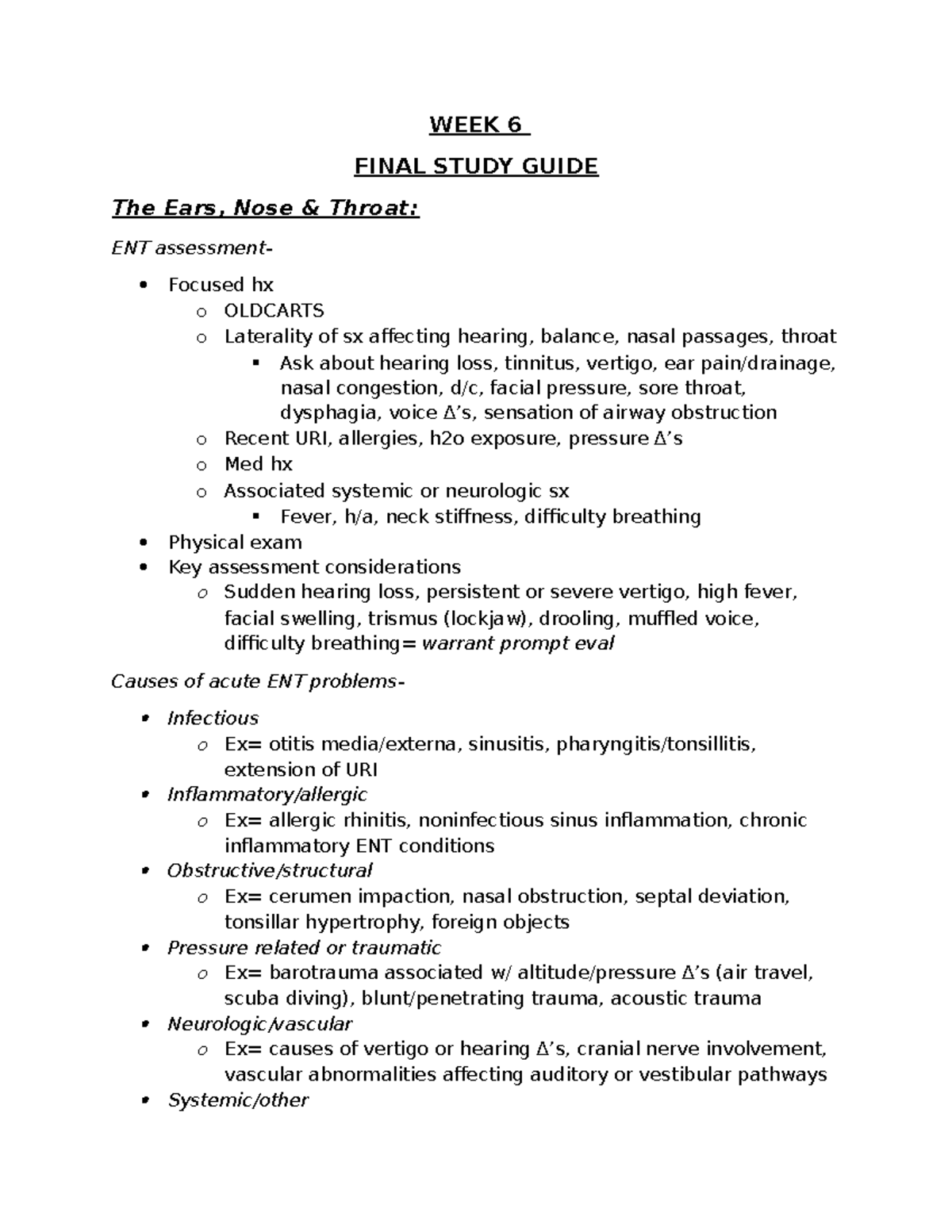 Week 6 Final Study Guide: ENT Disorders and Management - Studocu