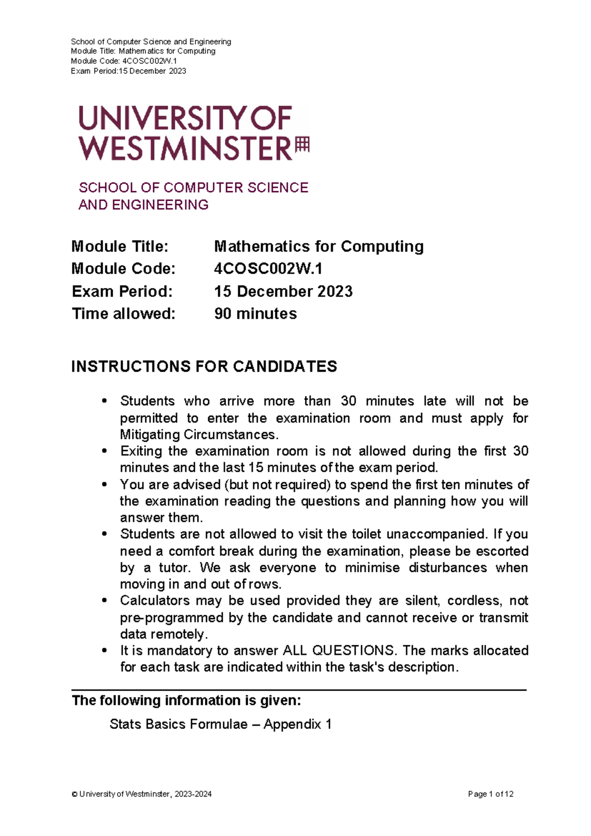 Mathematics for Computing ICT2 Mock Exam Paper 4COSC002W (2023) - Studocu