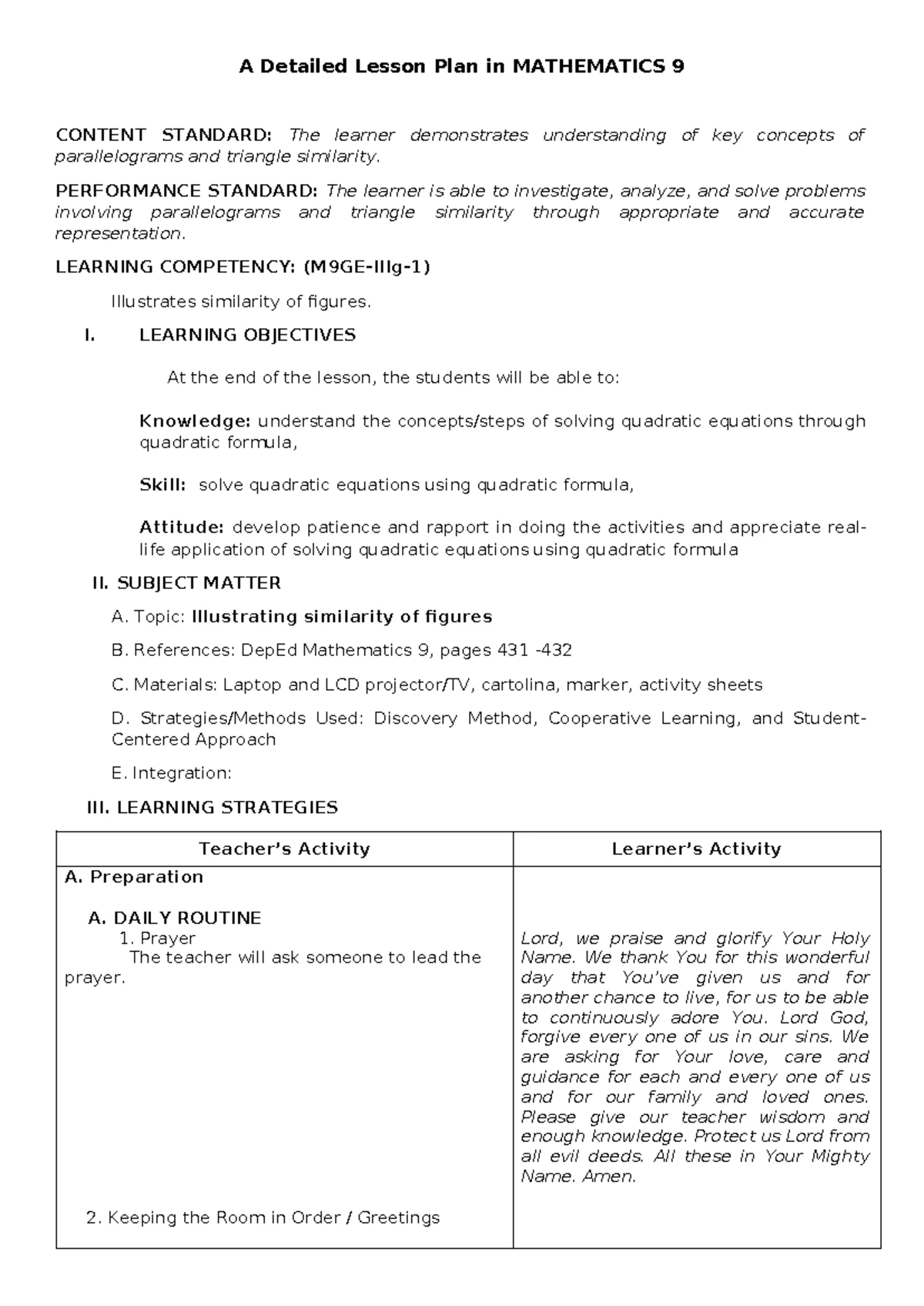 Detailed Lesson Plan on Hinge Theorem (SAS) for Math 8 - Studocu