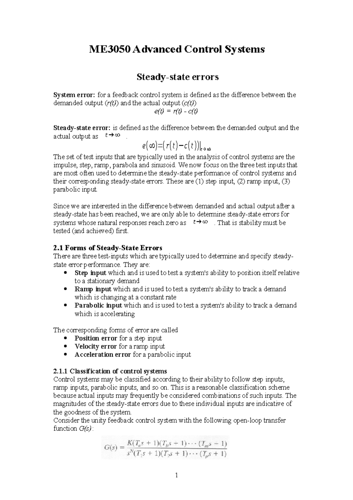 ME3050 Lecture Notes on Steady-State Errors in Control Systems - Studocu