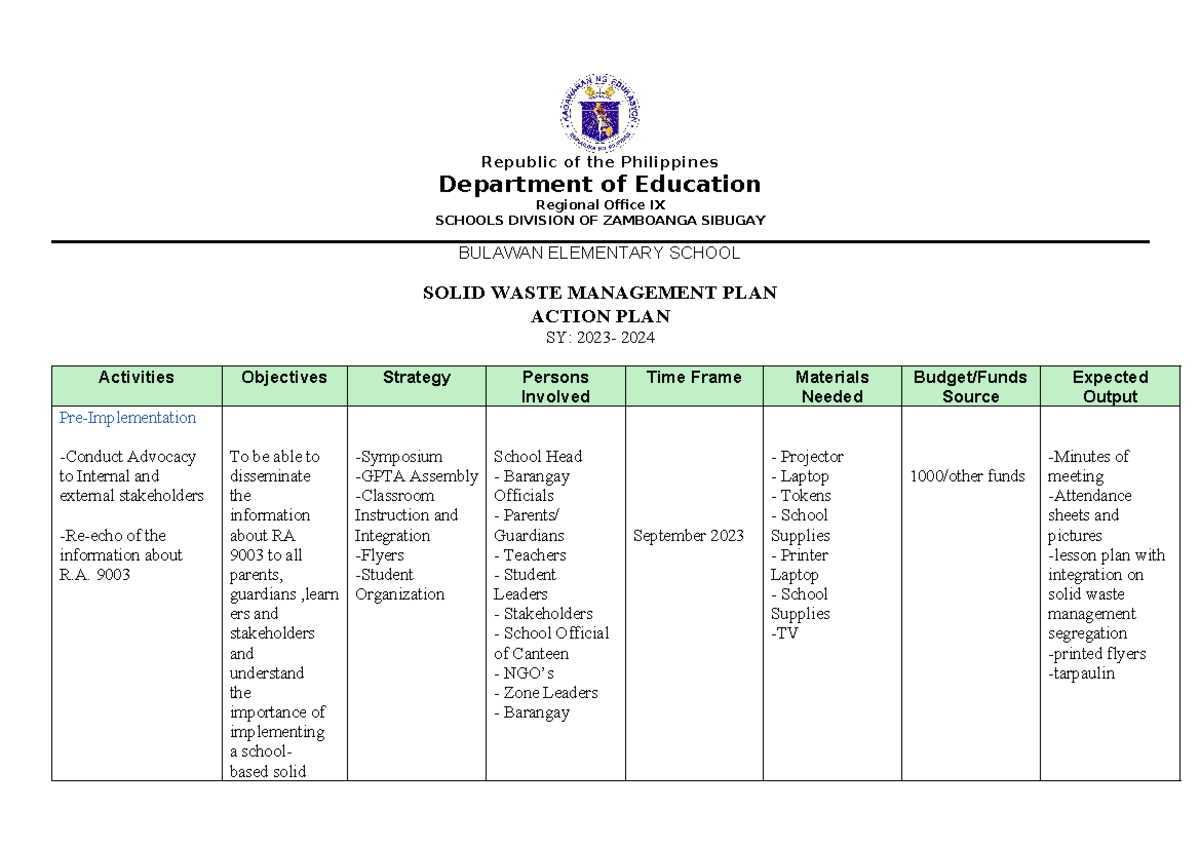 Solid Waste Management Plan Action for SY 2023-2024 at LBES - Studocu