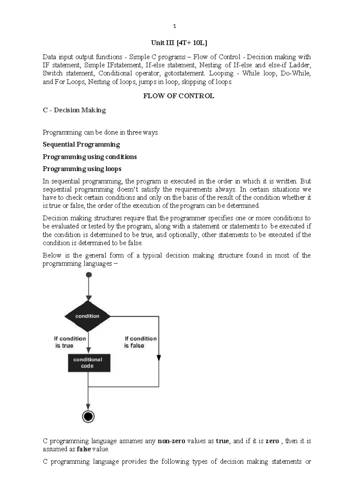 Unit III C - Flow of Control and Decision Making in C Programming - Studocu