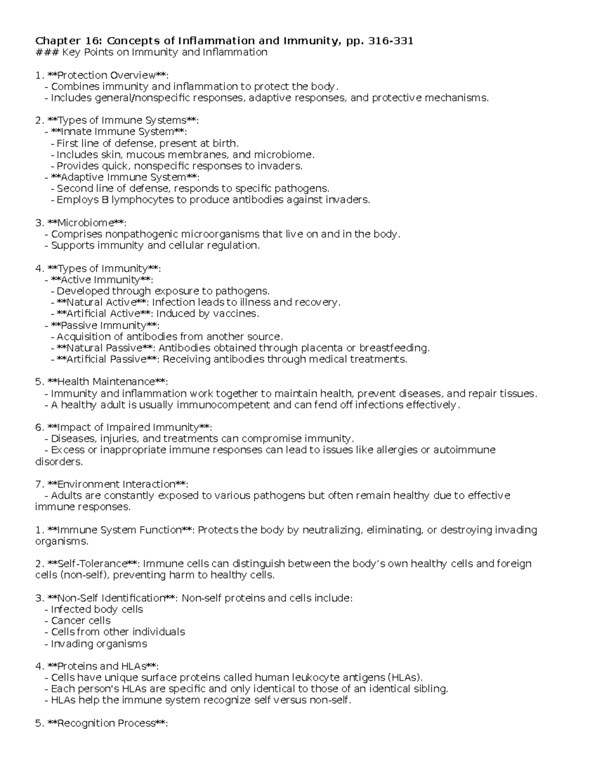 Chapter 16: Inflammation and Immunity Concepts - Key Points Summary ...