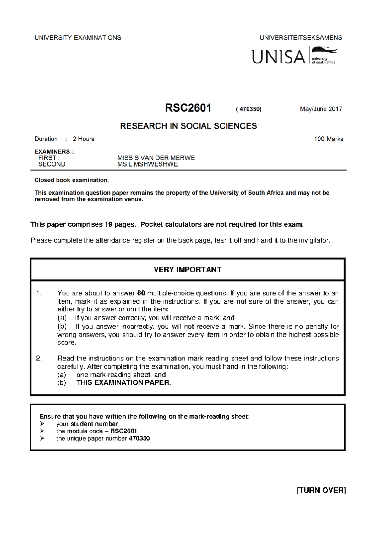 RSC2601 MAY-JUNE 2017 Exam MCQ Practice Questions Guide - Studocu