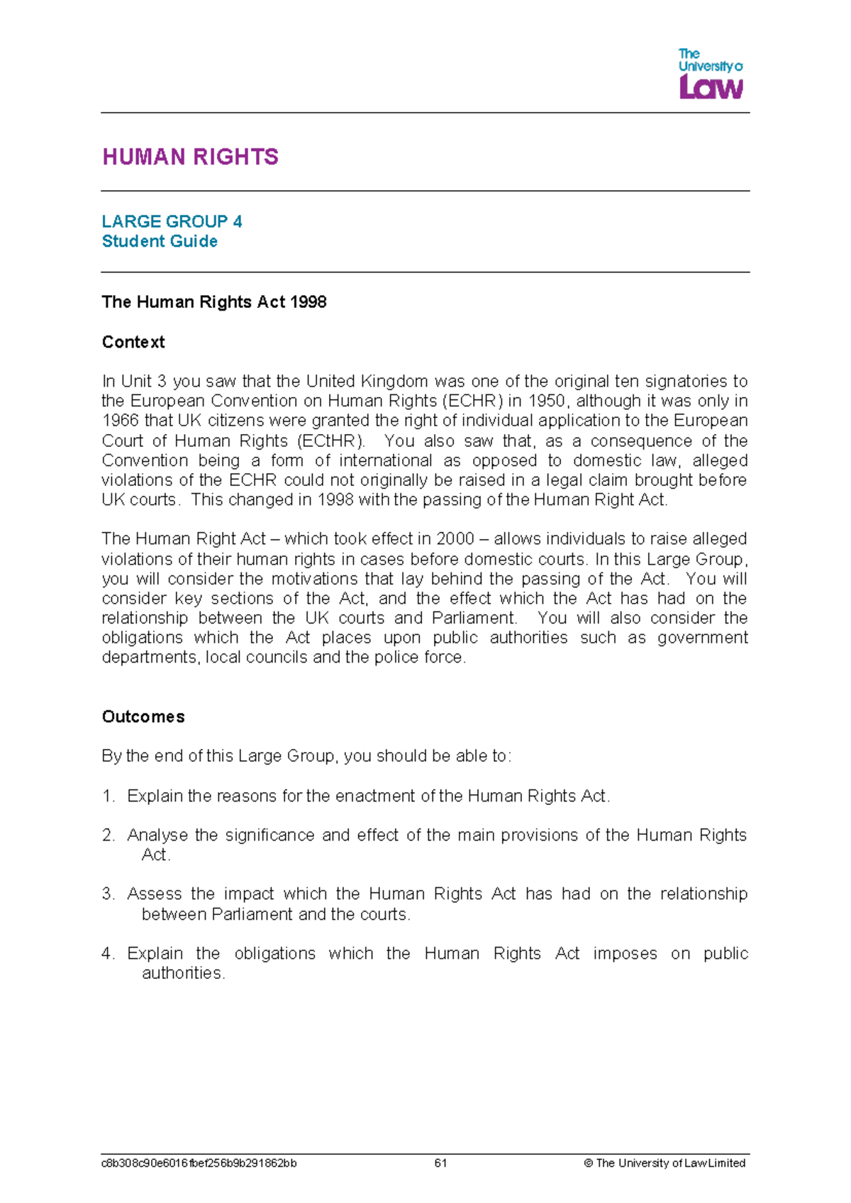 2425 HUM LG04 CE01 Human Rights Act: Student Guide Overview - Studocu