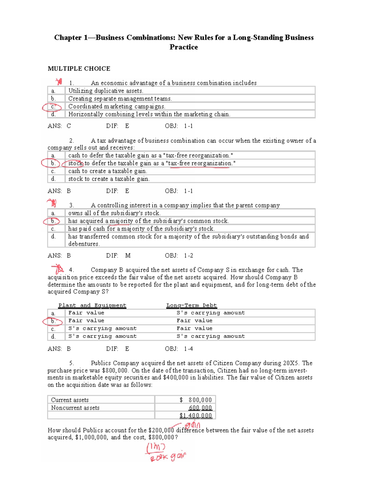 Chapter 1: Business Combinations and Goodwill Analysis (MULTIPLE CHOICE ...
