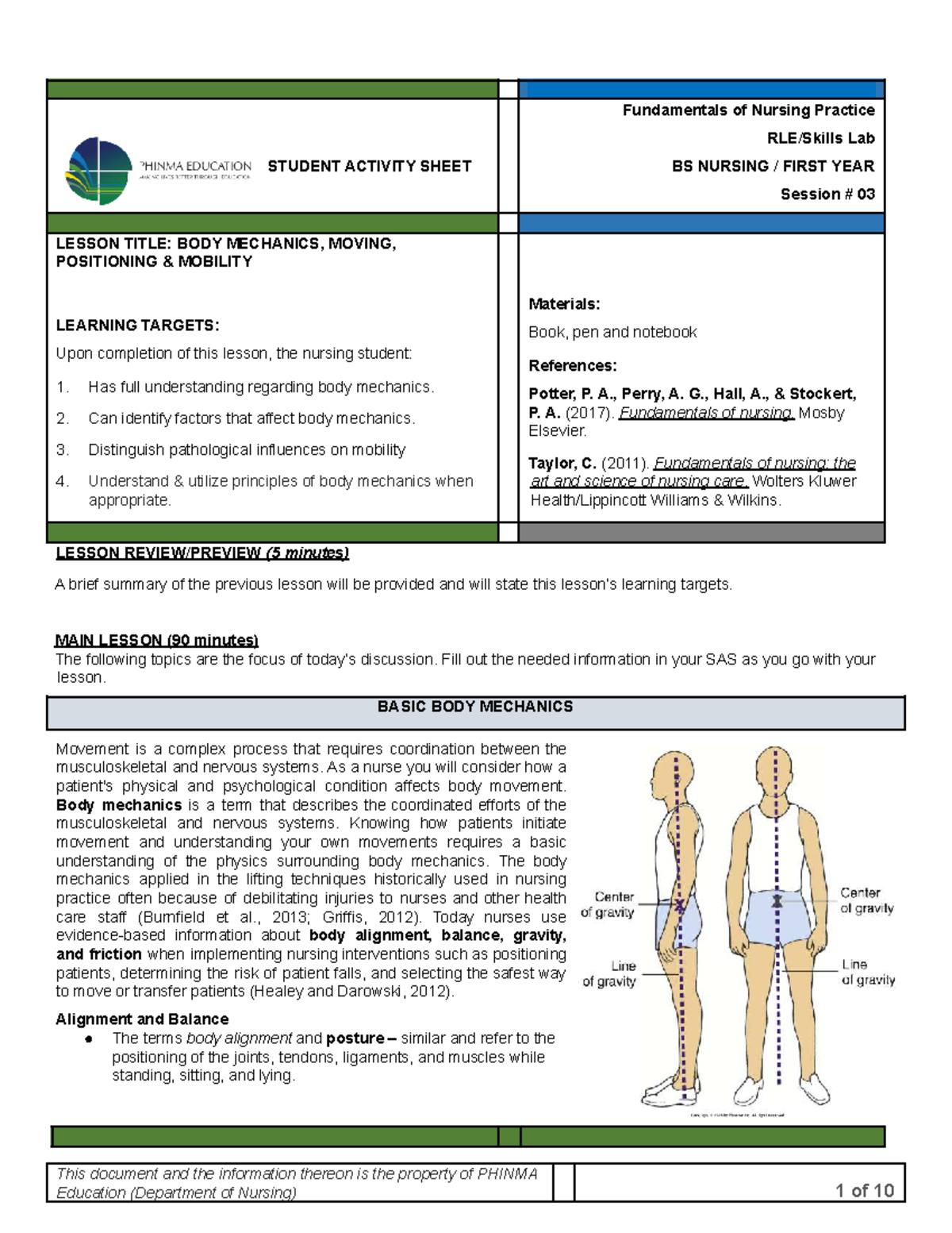 BS Nursing 1st Year RLE 03: Body Mechanics & Mobility Lesson Notes ...