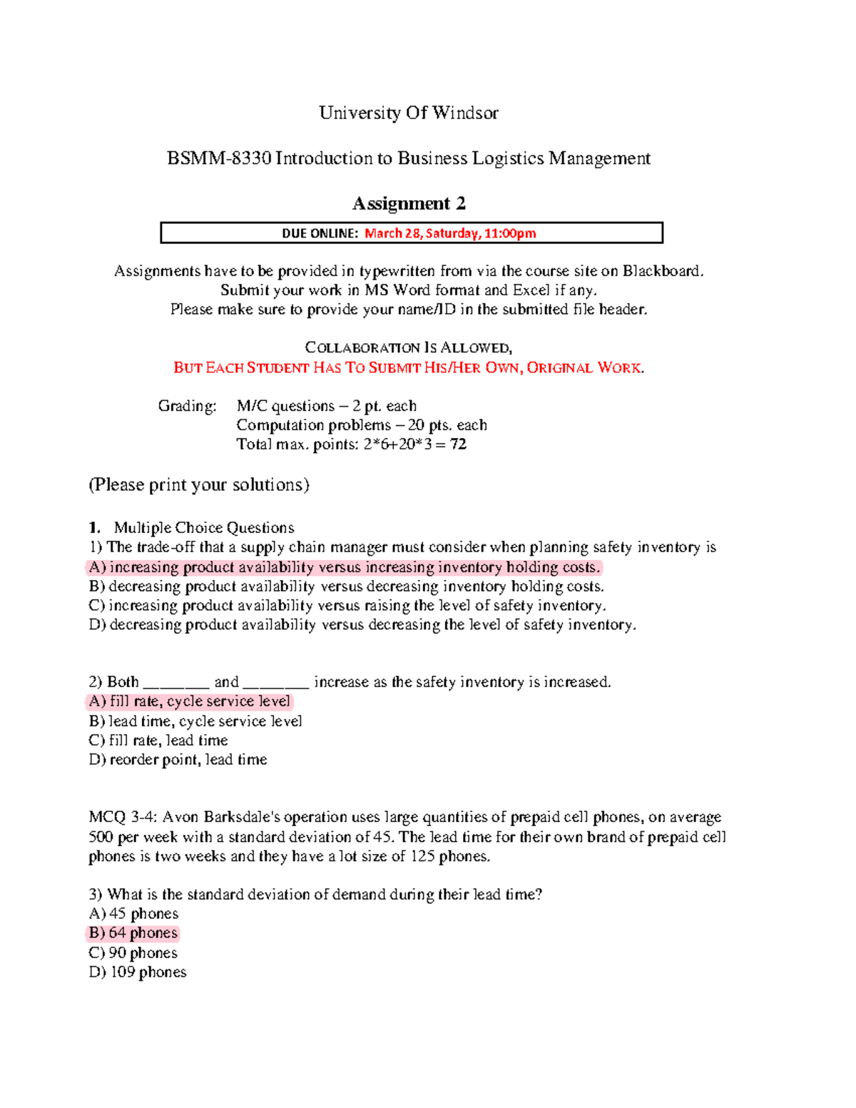 BSMM-8330 Assignment 2: MCQs on Business Logistics Management - Studocu
