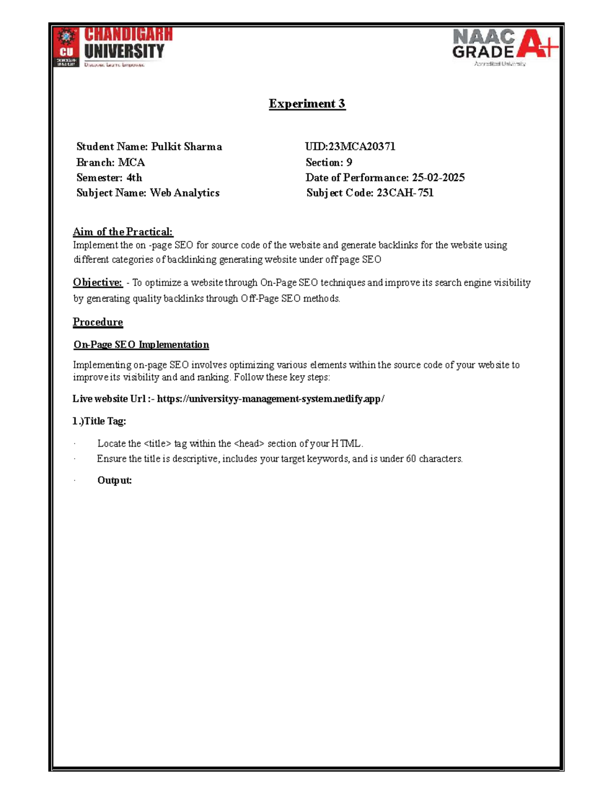 MCA 4th Sem Web Analytics: SEO Implementation & Backlinking Experiment ...