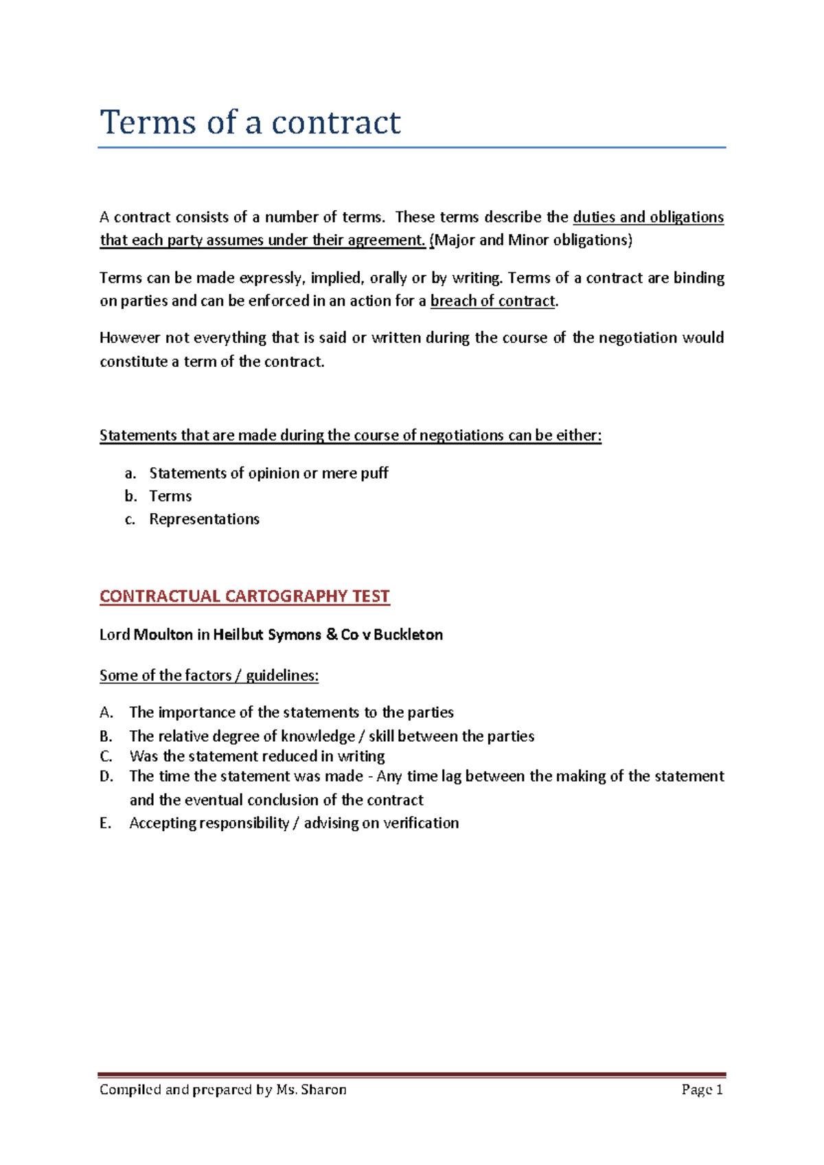 Contract Law - Terms EC SC - Terms of a contract A contract consists of ...