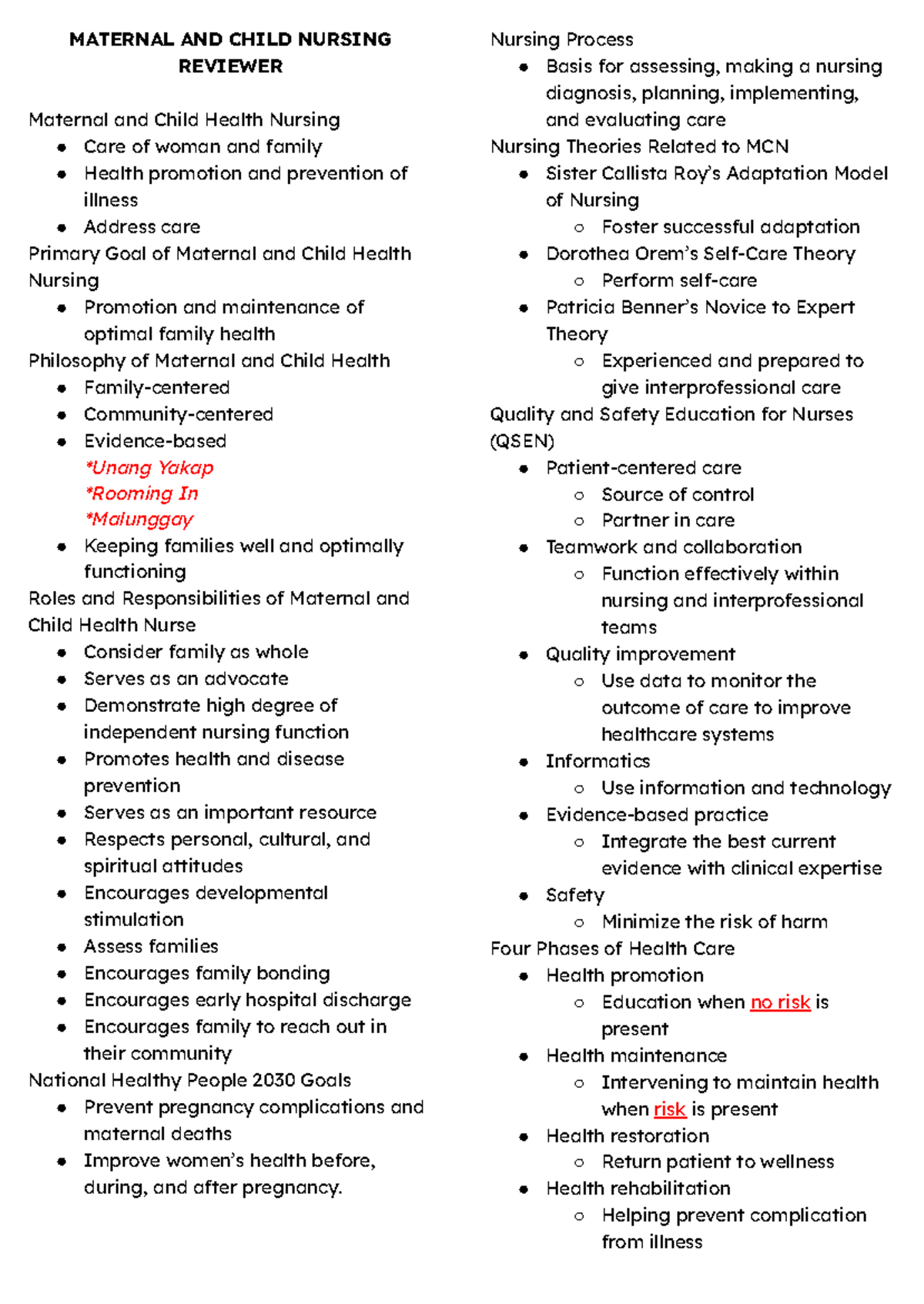 Maternal and Child Health Nursing: Comprehensive Reviewer Guide - Studocu