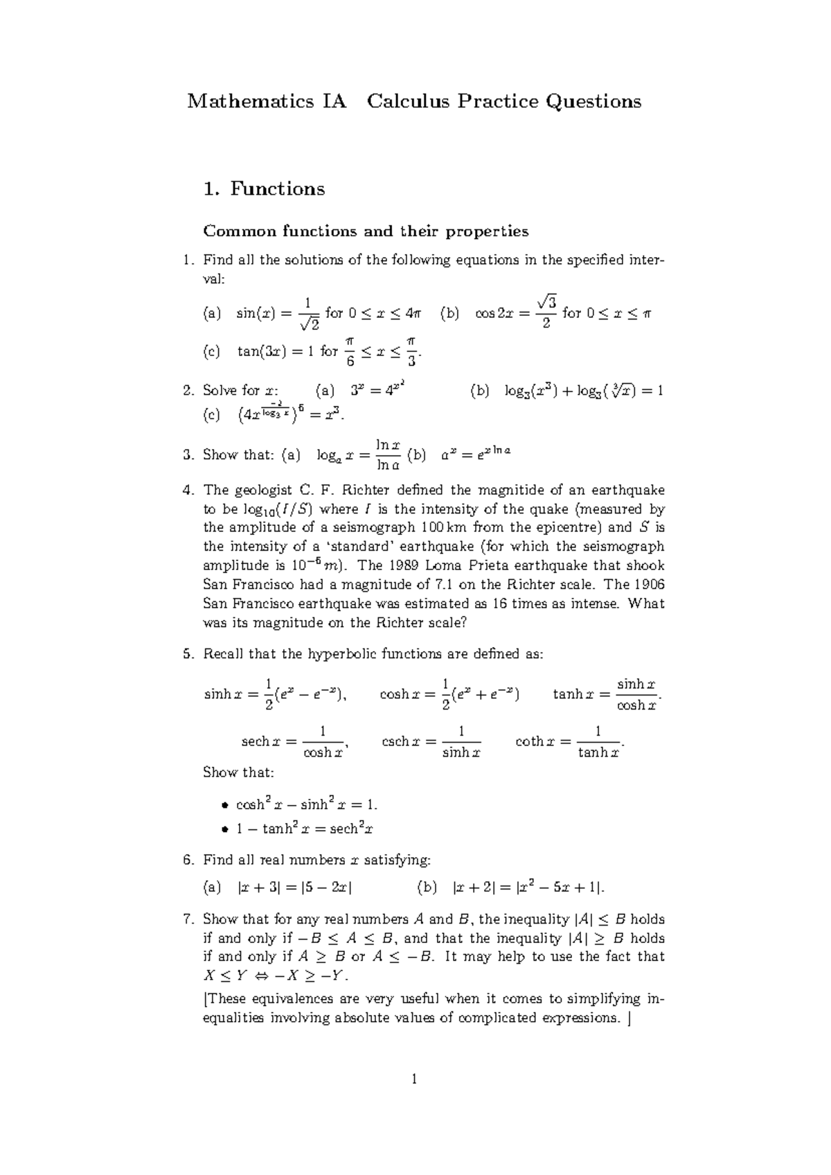 Calculus IA practice questions: Functions, limits, and derivatives ...