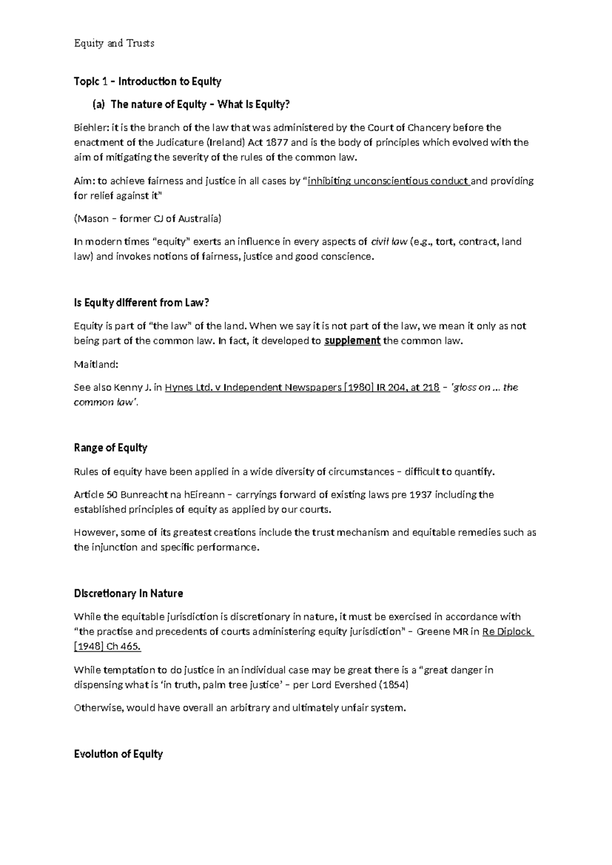 Equity and Trusts (LAW101): Introduction to Equity and Its Evolution ...