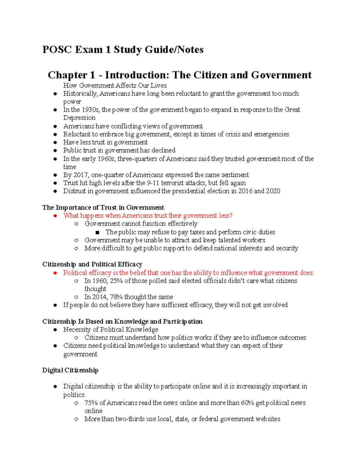 POSC 101 Exam 1 Study Guide: Key Concepts and Government Structure ...