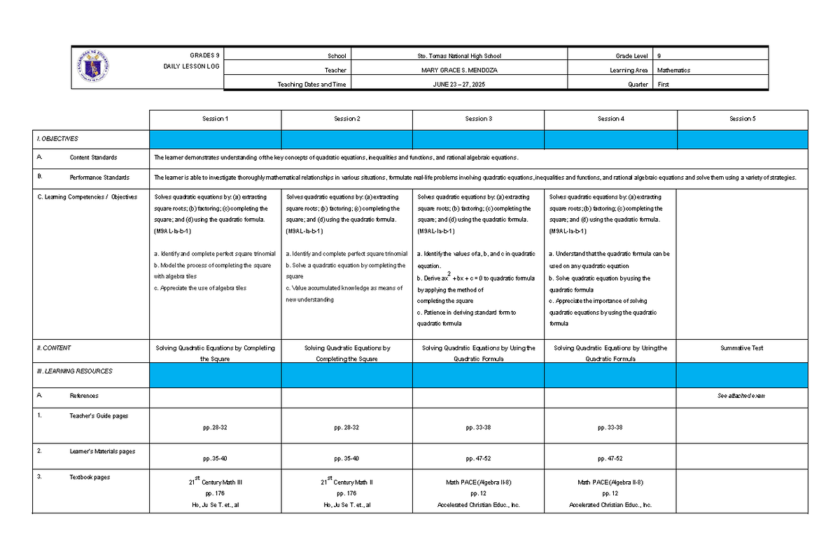 Grade 9 Mathematics Daily Lesson Log: Quadratic Equations & Functions ...