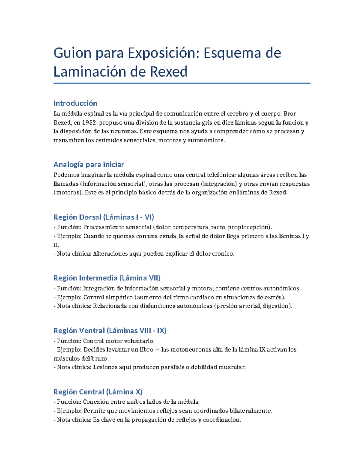 Guion para Exposición: Esquema de Laminación de Rexed - Studocu