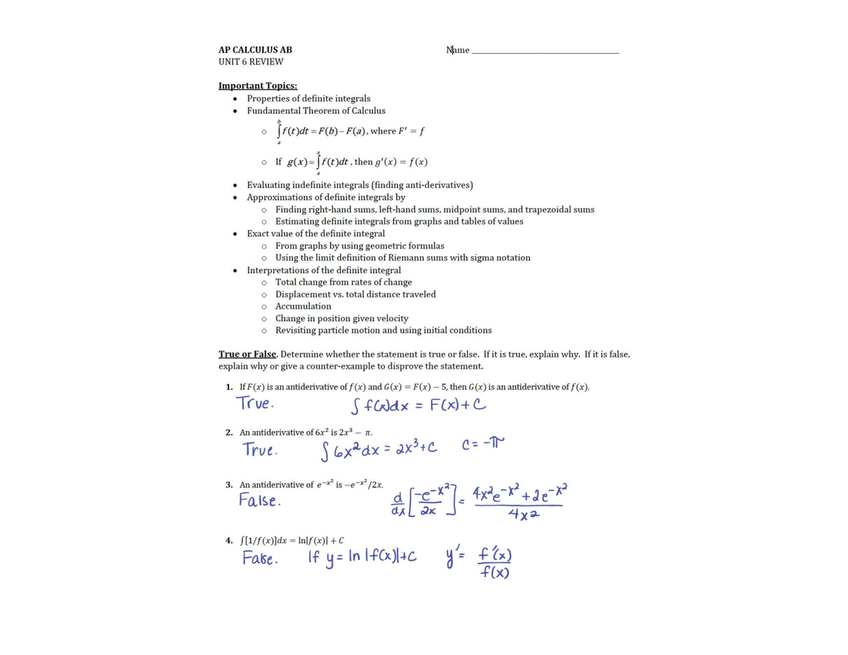 AP CALCULUS AB U6 REVIEW: Key Concepts & Important Topics - Studocu