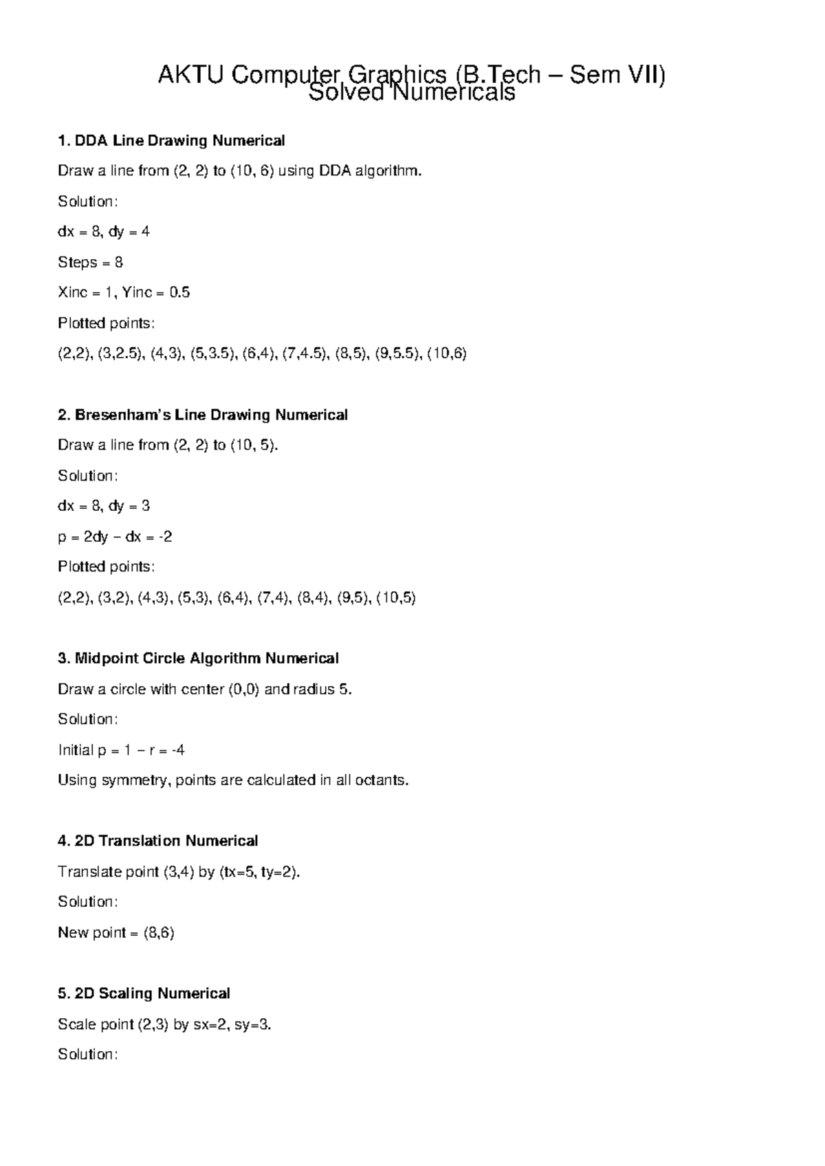 AKTU Computer Graphics (B.Tech Sem VII) Solved Numericals Guide - Studocu