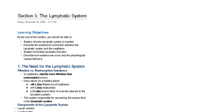 PHGY 215 Lecture Notes: The Lymphatic System & Oedema Analysis - Studocu