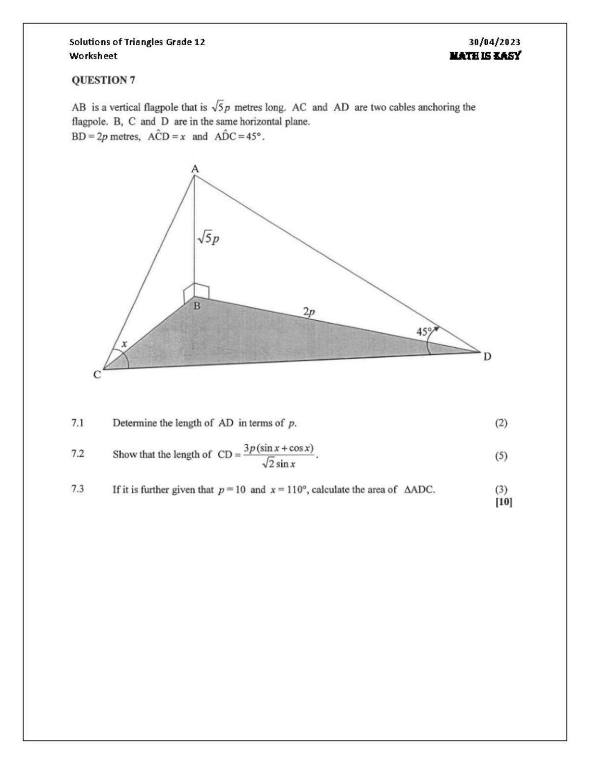 Solutions of triangles worksheet (previous question papers) - Studocu
