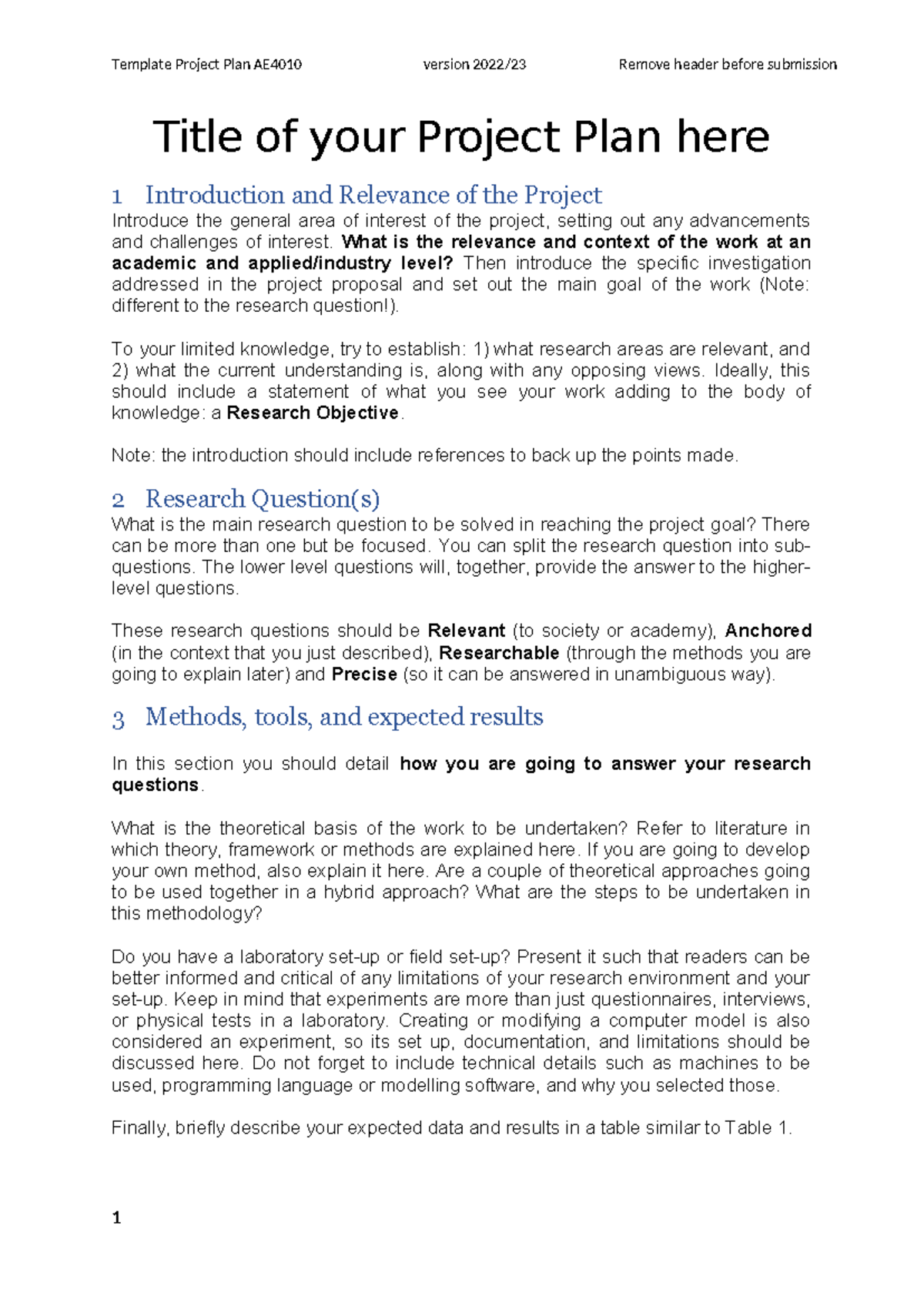 Comprehensive Project Plan Template for AE4010 Update 2022/23 - Studeersnel
