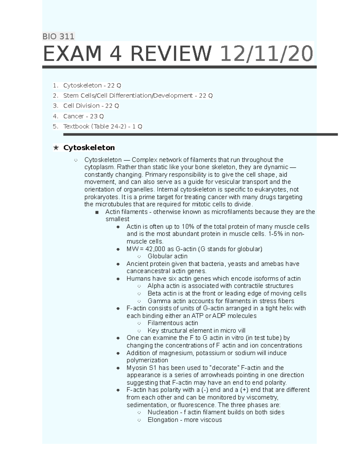BIO 311 Final Exam Review - Concepts on Cytoskeleton and Stem Cells ...