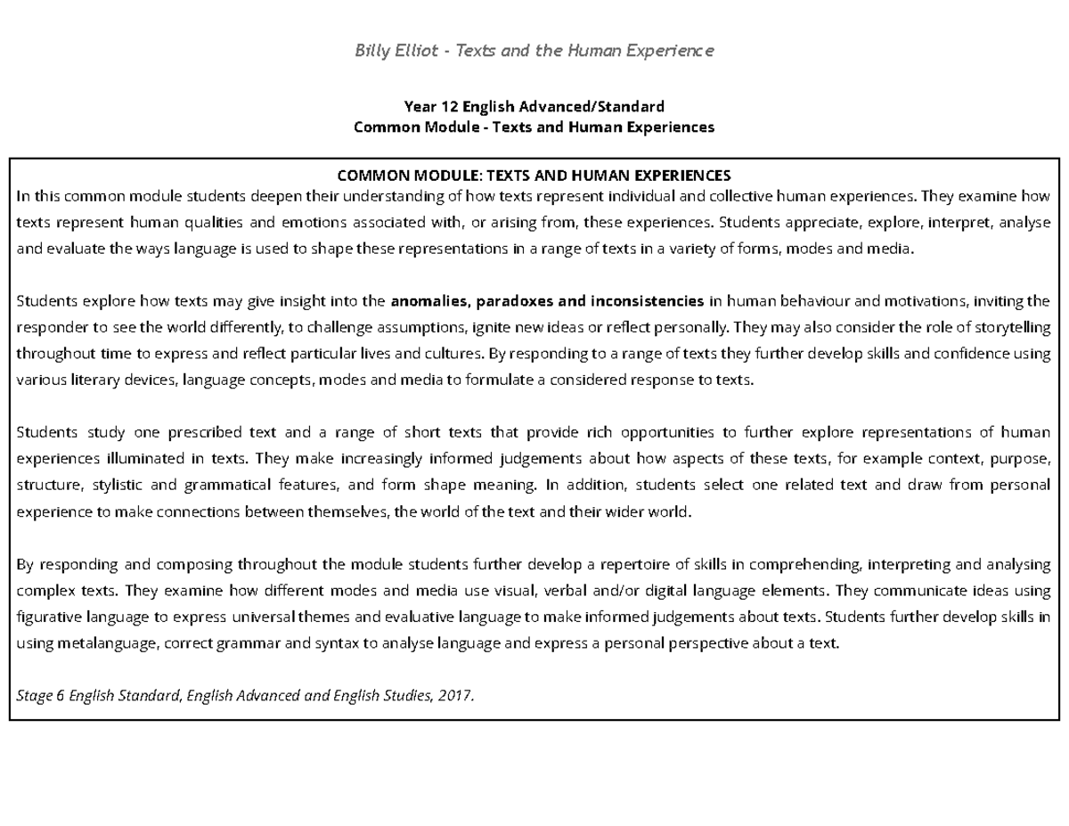 Billy Elliot Scene Shot Analysis for English Advanced/Standard - Studocu