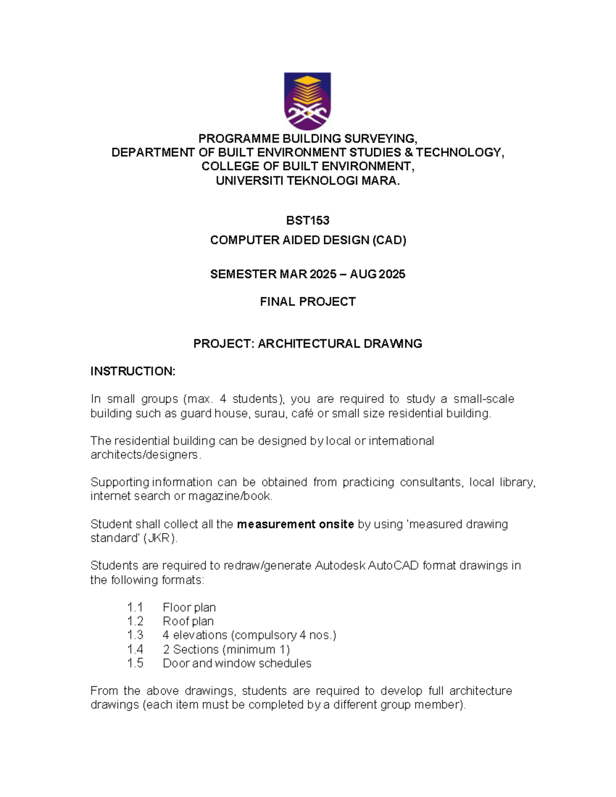 Final Project BST153: Architectural Drawing Guidelines for CAD - Studocu