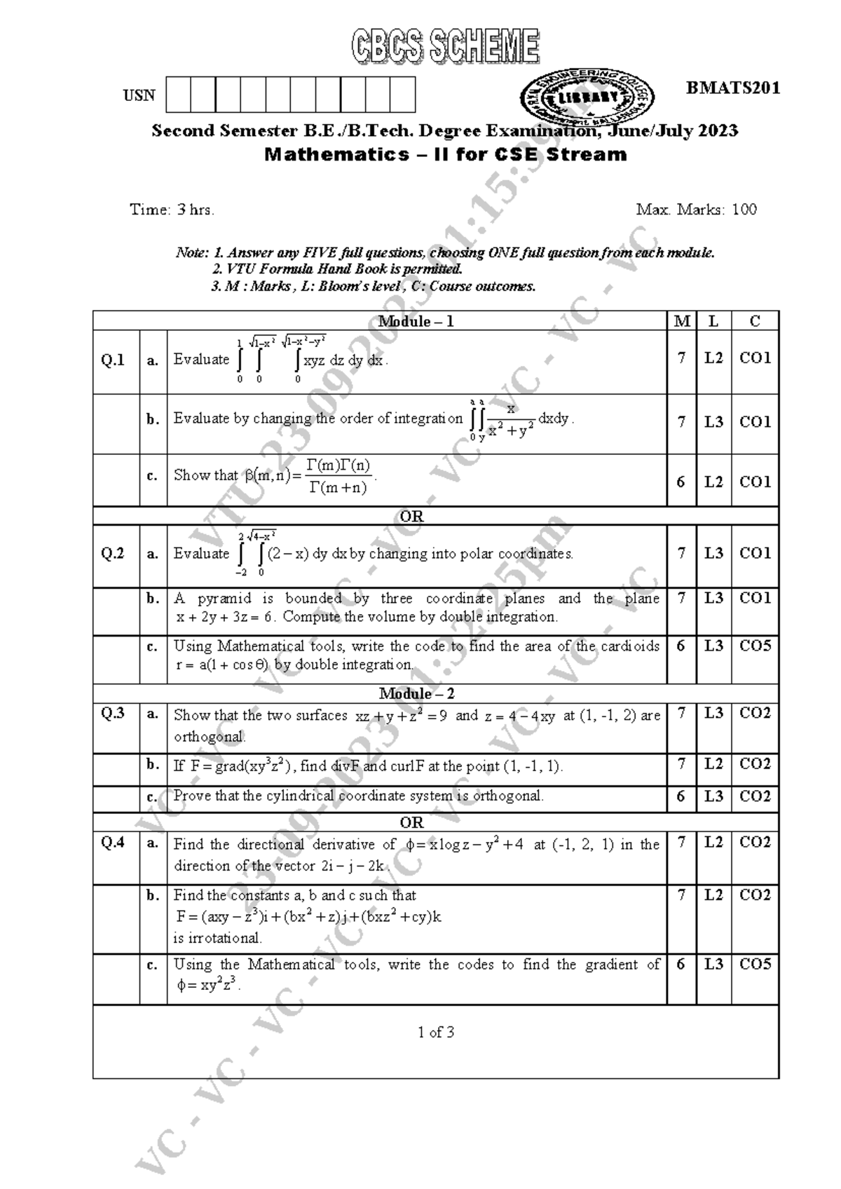 BMATS201 Second Sem 2023 Mathematics II Exam PYQs for CSE Stream - Studocu