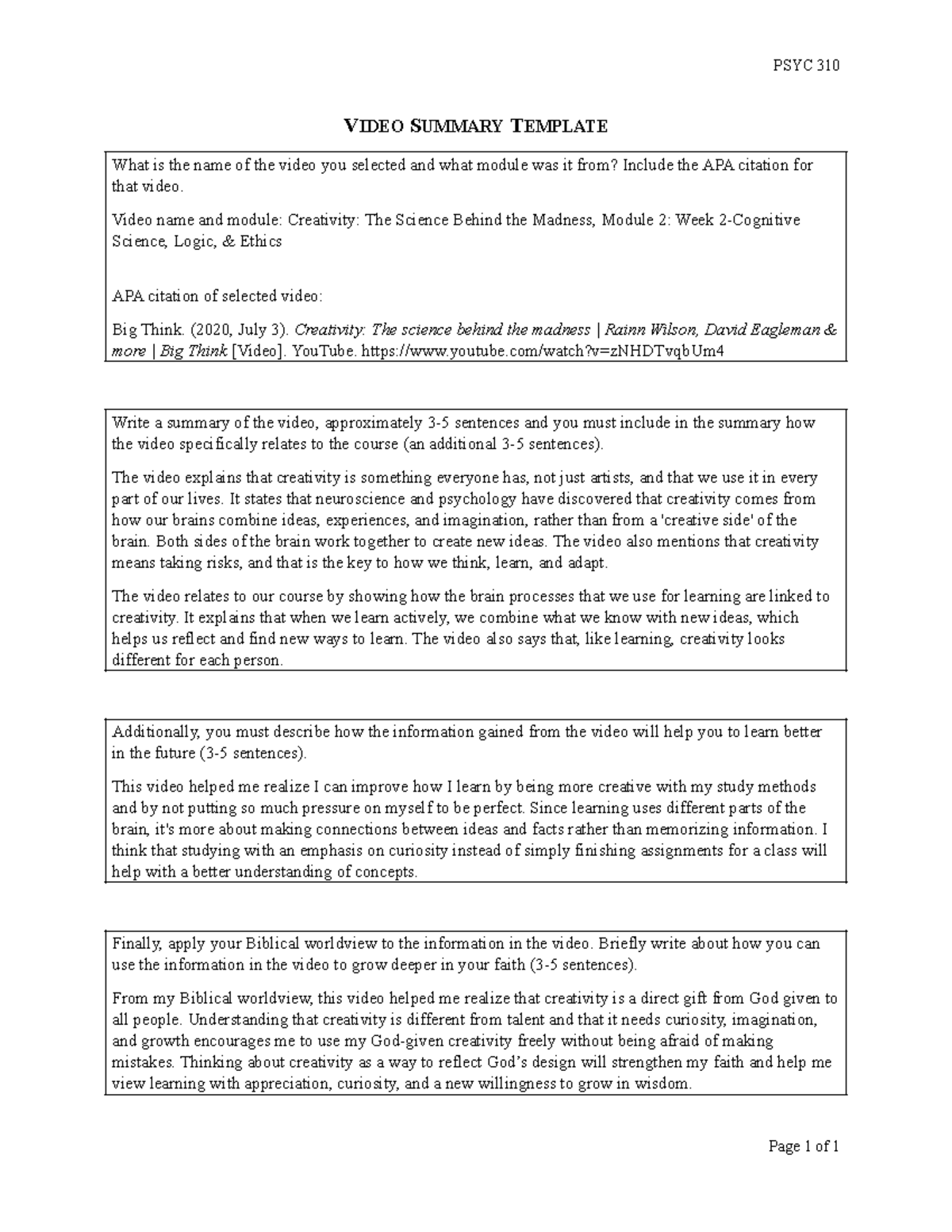 PSYC 310 Video Summary: Creativity and Learning Insights - Studocu