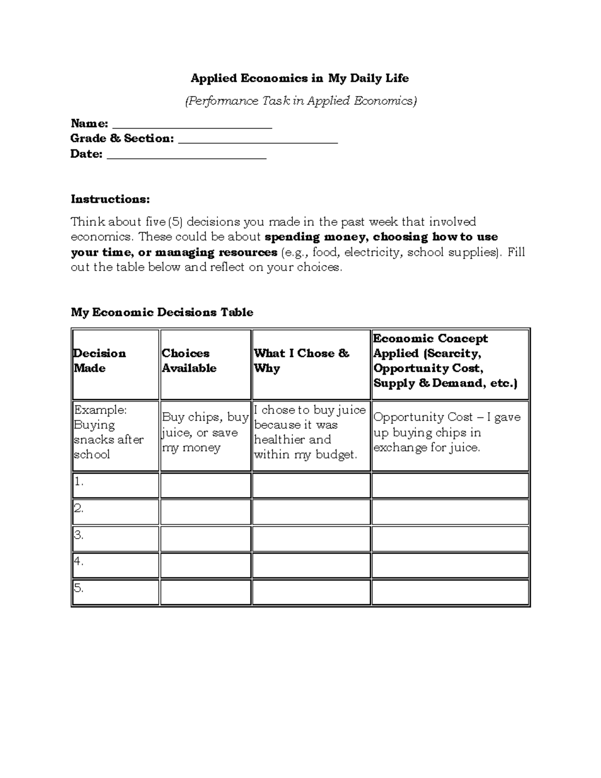 Performance Task in Applied Economics: Daily Life Decisions Analysis ...