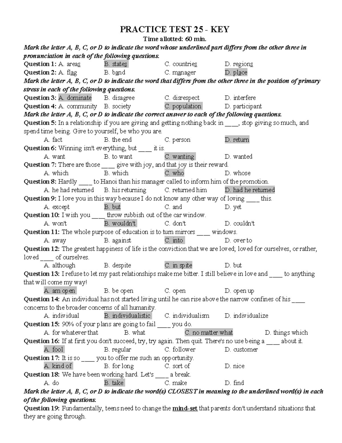 Practice Test 25 - Key: English Assignment Solutions - Studocu